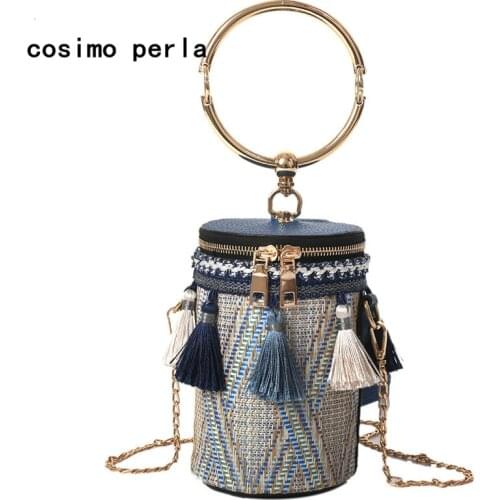 Ring Metal Handle Barrel Shaped Handbags Boho Tassel Straw Purse Fashion Knit Bucket Tote Small Chains Women Messenger Bags 2021