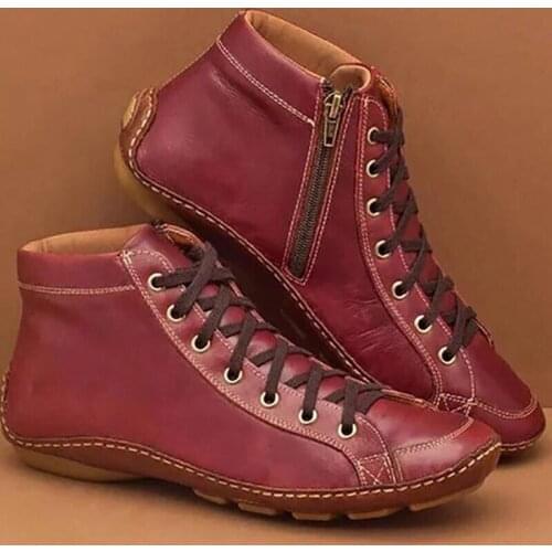 Women Winter Cotton Warm Flat Cross Lace Up Ankle Boots Vintage Ladies PU Zip Woman Shoes Female Botas Mujer Women Short Boot