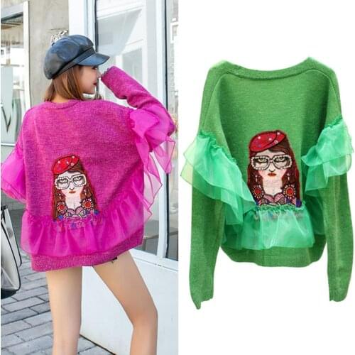 Fall 2020 Women Design Oversized Cardigan Crystal Embroidery Character Knitted Sweater Ruffles Lady Clothing Button Up Outwear