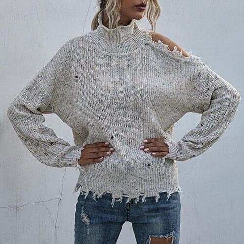 Autumn Winter Sweaters Women Sexy Ripped Off Shoulder Long Sleeve Knitted Sweaters for Women Loose Knitted Pullover Jumpers