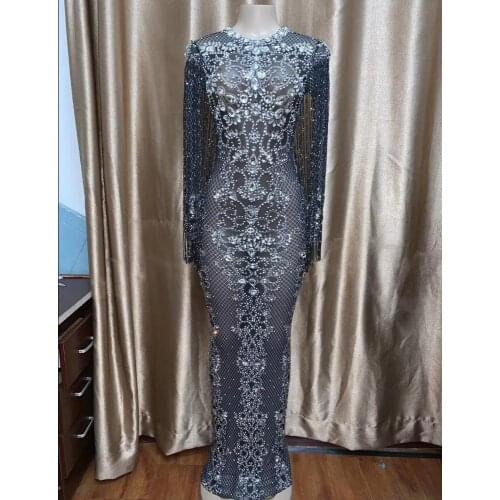 Women Mesh Perspective Rhinestones Dress Sexy Floor Length Tassel Party Evening See Through Crystal Prom Long