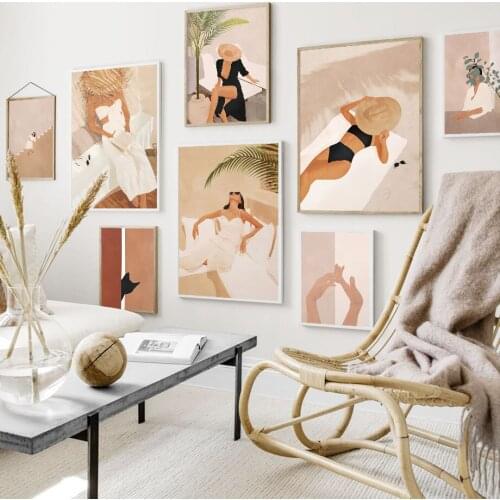 Abstract Girl Sunny Beach Rest Stairs Leaf Wall Art Canvas Painting Nordic Posters And Prints Wall Picture For Living Room Decor