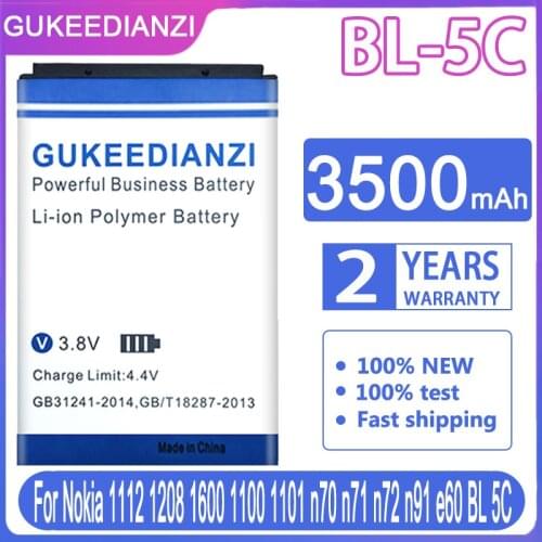 GUKEEDIANZI 3500mAh BL-5C Li-ion Battery For Nokia 1000 1010 1108 1110 1112 1116 E50 E60 N70 6680 2020 BL5C BL 5C + Power Bank
