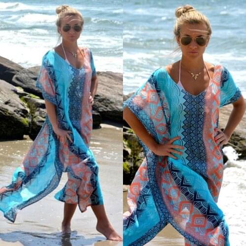 Boho Summer Printing Sarong Bikini Cover Up Beach Dress Women Tunic Robe Pareo Capes Women Beach Dresses Swimsuit