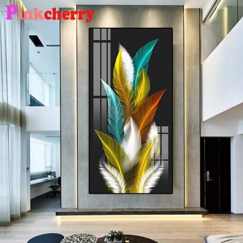 Large 5D Diy Daimond Painting Nordic Golden Plant Leaf Feather 3D Diamond Mosaic Kit Full Rhinestone Embroidery Diamant Painting