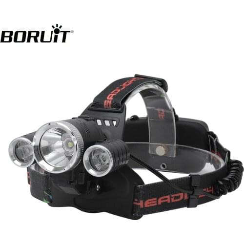 BORUiT RJ-1158 T6+2*R2 LED Headlamp 4-Mode 3000LM Headlight Rechargeable 18650 Battery Waterproof Head Torch for Camping Hunting