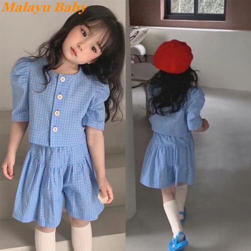 Kids Clothing Girls Suits 2021 Summer New Cute Child Plaid Puff Sleeve Short Blouse + Loose Culottes 2 Pcs Girls Costume 2-7 Y