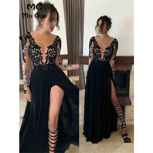 Elegant Long Evening Party Dresses Prom Gown with Appliques Lace Chiffon Long Sleeves Gowns For Teens A-Line Evening Dresses