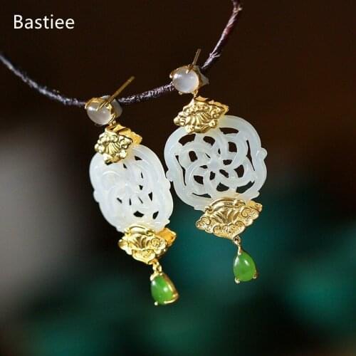 Bastiee Geometric Korean Earrings Earrings Silver 925 Jewelry For Women Jade Golden Plated Long Earrings Vintage
