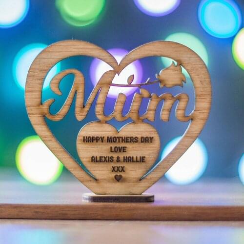 Personalised Mothers Day Gift for Mum Wooden Heart Plaque Freestanding Gift