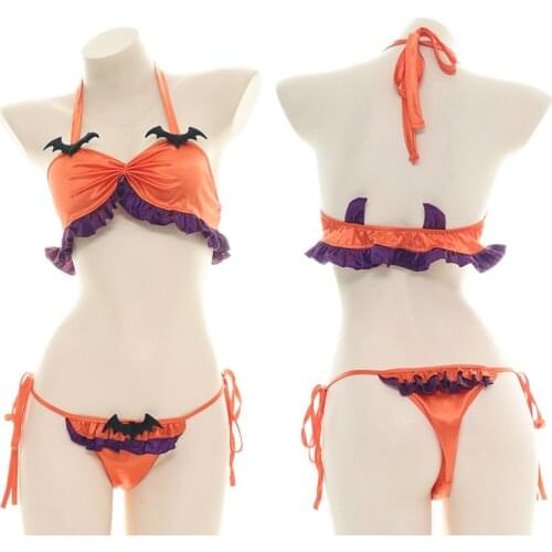 Cute Lolita Girls Halloween Cosplay Little Devil Pumpkin Ruffle Bikini Lingerie Set 2 Pcs Bandage Sleepwear Panties Set Briefs
