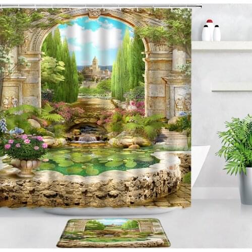 Retro Arch Garden Scenery Shower Curtain Set Flannel Carpet Rural Flowers Green Plants Bathroom Decor Non-slip Rug Door Bath Mat