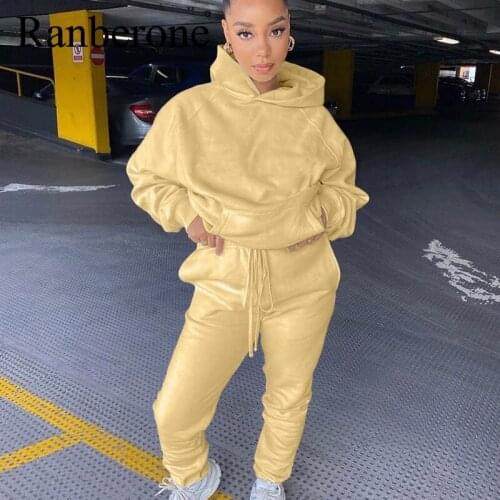 Ranberone Fashion Two Piece Suit Womens Tracksuit Casual Hooded Sweater + Fitness Pocket Sweatpants Sport Suit Female 2021