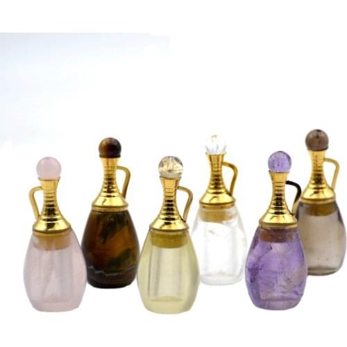 Natural gems stone vial round shape Perfume Bottle Pendant rose quartzs amethysts Essential Oil Diffuser jewelry for necklace
