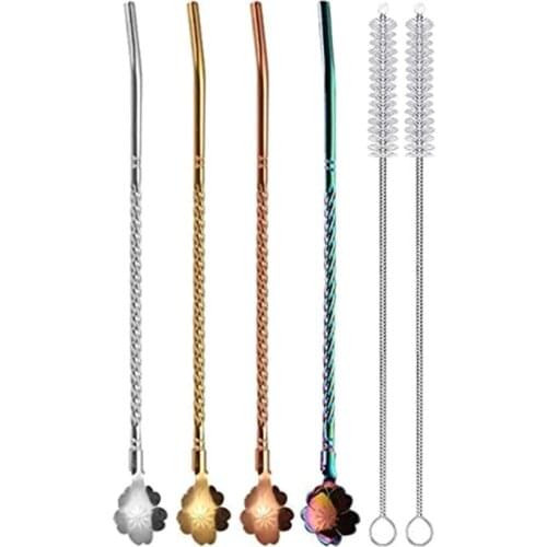 New 4 Pcs 2 in 1 Stainless Steel Straws Spoon,Reusable Tea Strainer,for Coffee,Tea,Milkshake,Cocktail(with 2 Cleaning Brush)
