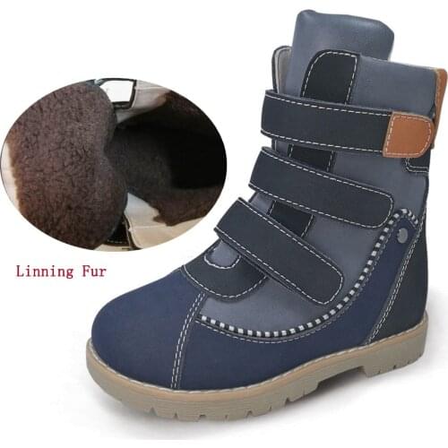 Ortoluckland New Kids Cow Leather Snow Shoes Winter Plush Knight Boots for Boys Girls Children Orthopedic Round Toe Footwear