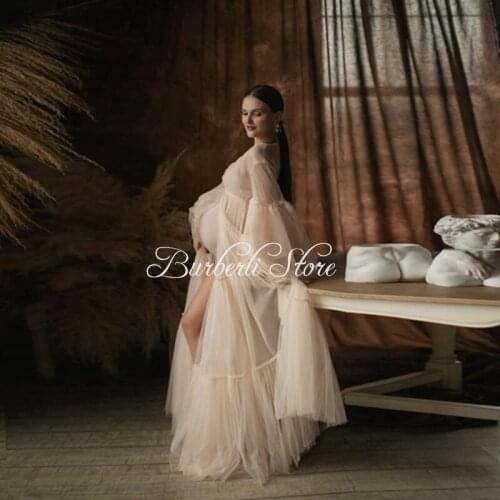 Dreamlike V-neck Long Sleeves Mesh Maternity Dresses Open Front 2021 New Design Very Big Bottom Baby Shows Dress Pregnancy Gowns