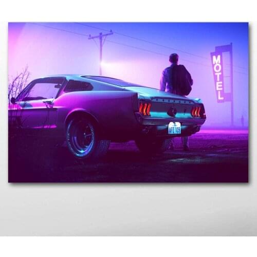 Retrowave Mustang Muscle Car vintage Car purple Wall Art Posters Canvas Prints Unframed Painting for Living Room Decor