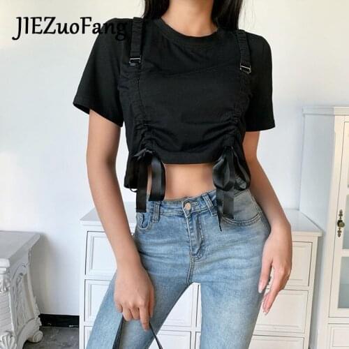 JIEZuoFang Sexy Exposed Navel Trendy T-shirt For Women Chic Fashion Strap Decoration Summer Cool Black T-Shirts For Female