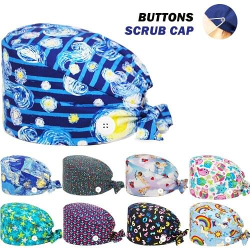 New Scrub Hats Adjustable Anime Printing Beauty Salon Home Nurse Nursing Cap Laboratory Pet Shop Working Surgical Caps Wholesale