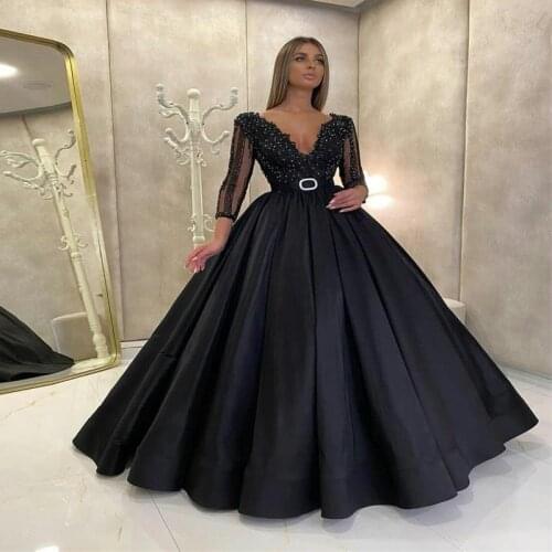 Gorgeous Black A Line Evening Dresses With Belt Long Sleeves Beads Prom Dresses Custom Made V Neck Formal Gown