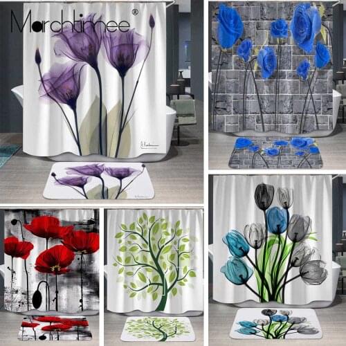 Beautiful Flower Dandelion Shower Curtains Set Bathroom Curtain Kit Fabric Waterproof Polyester Bath Cortina 2pcs No-slip Mat
