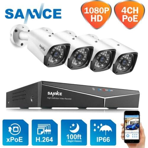 SANNCE 4CH 1080P HD XPOE Video Security Surveillance Cameras System 4PCS 2M IP Cameras Outdoor Weatherproof Home CCTV NVR System