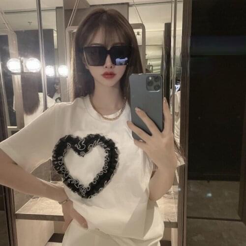 Women Clothing Lace Heart Patchwork Short Sleeve T Shirts Korean Chic O Neck Casual Tees Summer Loose White Tops Female
