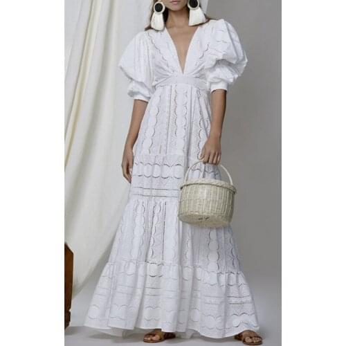 Echoine Women Deep V-Neck Short Puff Sleeve Lace Dress Long Maxi Vestidos De Mujer Hollow Out Solid Casual Loose Femme Clothing