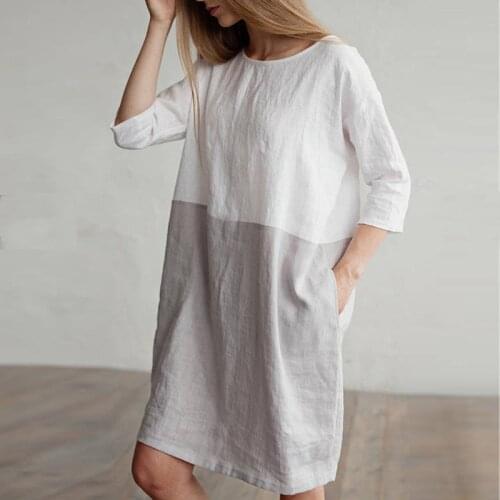Sun Dress Women Summer 2020 Casual Patchwork 1/2 Sleeved Cotton Linen Dress Oversize Loose Pockets Tunic Women Dress Elegant