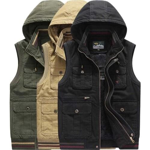 Autumn Winter Hooded Fashion Vest Fleece Sleeveless Coat Jacket Men Casual Waistcoat Thick Warm Vest Multi Big Pocket Plus Size