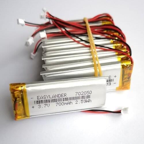 10Pcs/Lot JST 1.25mm 2 pin 3.7V 700mAh 702050 Lithium Polymer LiPo Rechargeable Battery For Mp3 DVR PAD DVD bluetooth camera