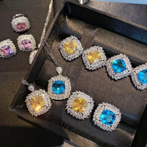 3pcs Pack 925 Sterling Silver Cut 3 Color CZ Zircon Jewelry Set Engagement Yellow Pink Necklace Ring Stud Earring For Women Gift