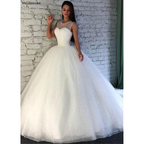 Shining Sequin Tulle Jewel Neckline Ball Gown Wedding Dress with Beadings Sleevelss Bridal Gowns Vestido De Festa Longo