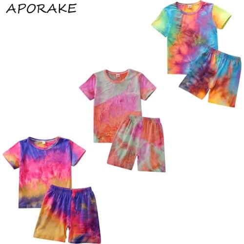 2021 2-8Y Casual Kids Baby Girl Boy Clothes Set Summer New Tie Dye Print Short Sleeve T-shirt Top+Shorts Loose 2pcs Outfits 2pcs