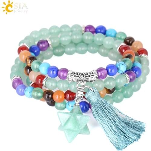 CSJA Green Aventurine Multi-layer 108 Meditation Beaded Bracelets 7 Chakras Natural Mala Beads Tassel Charm Party Jewelry F211