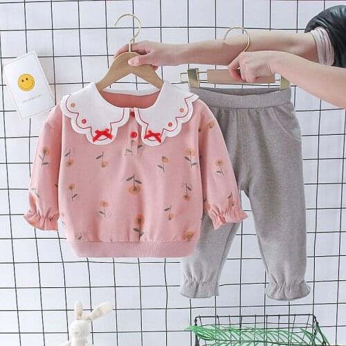 Girls' Suit Color Matching Spring And Autumn Female Baby Cartoon Cute Long-Sleeved Outer Wear Sports Two-Piece Children