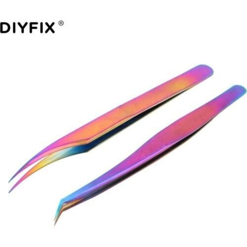 DIYFIX 2Pcs Electroplating Tweezers Eyelash Extension Forceps Curved Tips for Nail Art Rhinestones Gem Decor Picking Hand Tools