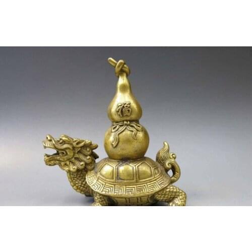 Chinese Brass Copper Animal Fengshui Bottle Gourd Calabash Dragon Turtle Statue