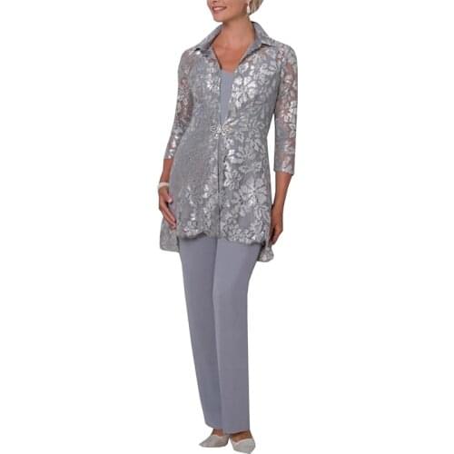 Lace Mother of the Bride Dress Elegant Lapel Grey Chiffon 3 Pieces Pants Suit With Jacket Outfit 3/4 Sleeves For Wedding 2020