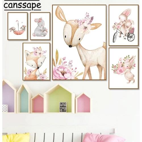 Fox Deer Canvas Painting Rabbit Poster Nursery Wall Art Prints Flower Print Nordic Wall Pictures For Baby Bedroom Decoration