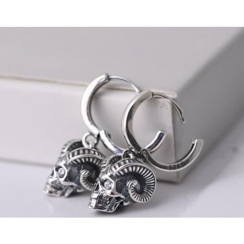 Solid Pure 100% S925 silver man earrings vintage 925 silver earrings Women earrings with silver horns and skulls Thai Silver