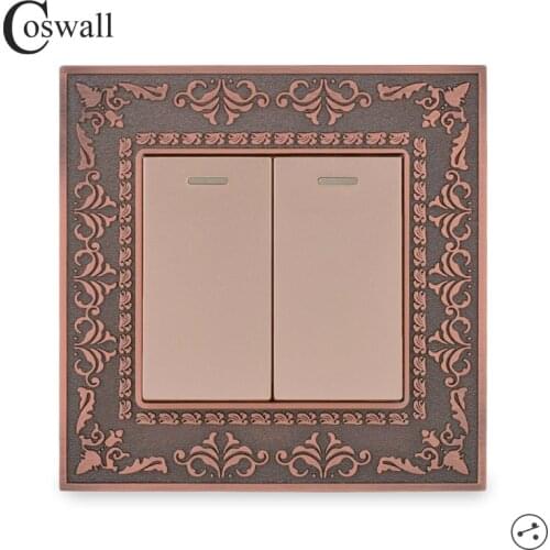 Coswall 2 Gang 2 Way On / Off Wall Light Switch 4D Embossing Panel Retro Zinc Alloy Luxury Pass Through Switch Switched