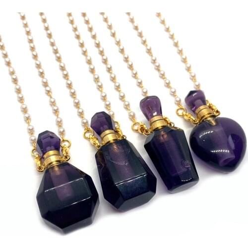 Natural Stone Perfume Bottle Amethyst Pendant Healing Stone Necklace Pendant Reiki Essential Oil Pendant Gift Accessories
