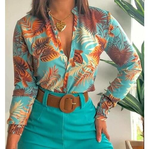 Women Button Down Loose Shirts Ladies Trendy Printed Long Sleeve Deep V-Neck Blouse Tops
