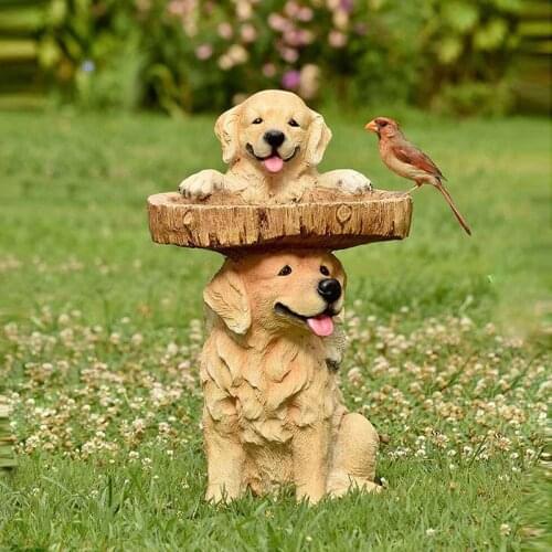 Garden Birds Bath Dog Birdfeeder Resin Landscape Cute Statue for Yard Garden Decorations KI