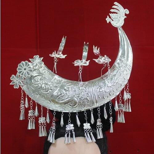 Silver Miao Hair Accessories Ox Horn Hairpin Stage Performance Dance Headwear Festival Accessories Princess