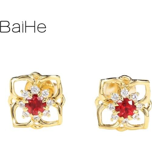BAIHE Solid 14K Yellow Gold 0.24ct H/SI Round Rubis Earrings 0.10ct Natural Diamond Wedding Fine jewelry flower серьги for Women
