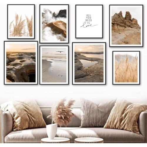 Misty Mountain Nordic Poster Wheat Reeds Grass Calm Beach Wall Art Prints Canvas Painting Wall Pictures For Living Room Decor