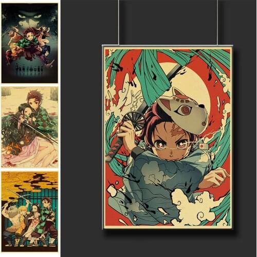 Vintage Demon Slayer Kimetsu no Yaiba Posters Home Decor Wall Stickers Retro Paper Anime Posters Bedroom Decor